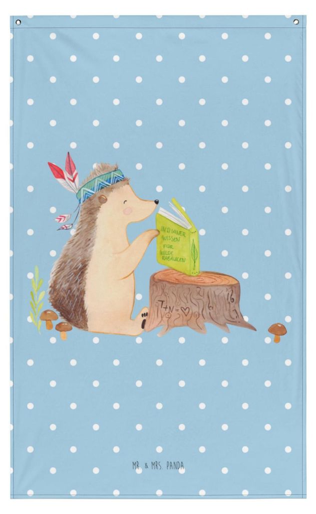 Mr. & Mrs. Panda Wandbild Igel Federschmuck - Blau Pastell - Geschenk, Lagerfeuer, Abenteuer, Tiere, Wandteppich, Indianer, Gobelin, Tapestry, Boho...