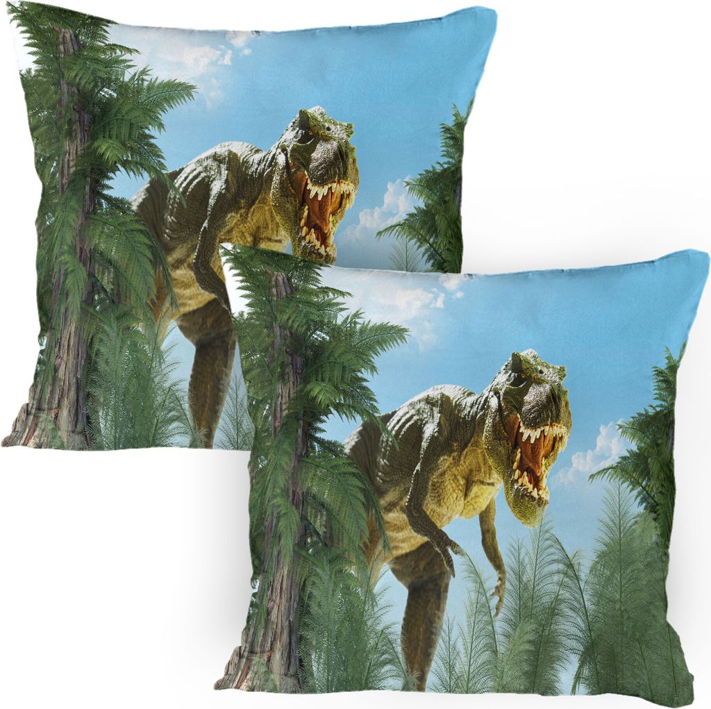 ABAKUHAUS Fantasie Kissenbezug Packung mit 2, Riesiger Dinosaurier im Wald Jurassic Monster Fossil Creature Digital Design, Dekorativer Gedruckter ...