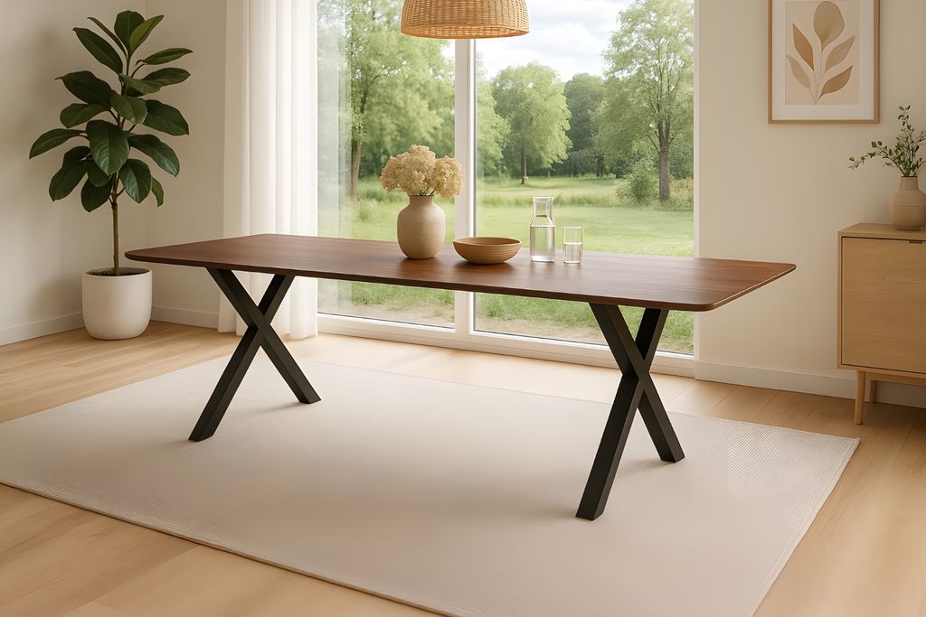 Esstisch 200 x 100 cm Akazie massiv kastanienfarben Schweizer Kante X-Gestell schwarz ROBERTO