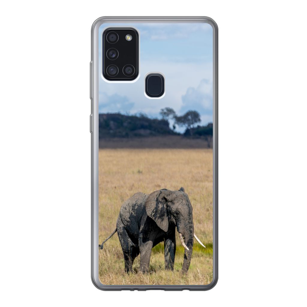 MuchoWow Handyhülle Schutzhülle Hülle für Samsung Galaxy A21s Elefant - Gras - Tiere - Natur Silikon Softcase Handy Hülle - Hartschale