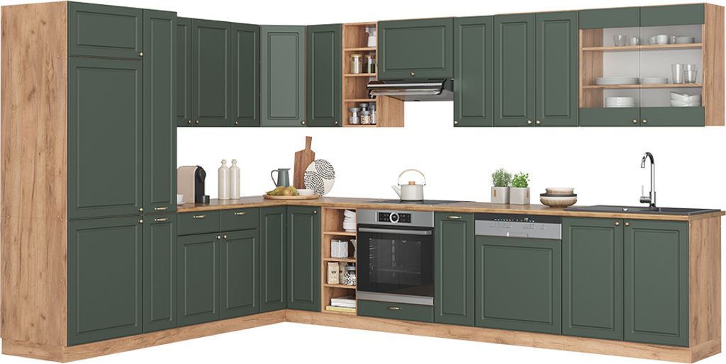 Eckküche Vicco Fame-Line Grün-Gold Landhaus/Goldkraft Eiche Produktbild 