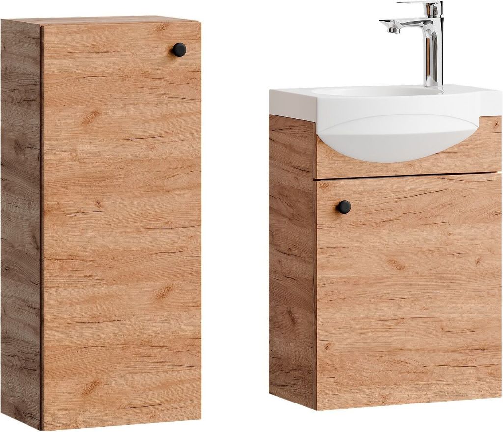 Planetmöbel Badmöbel-Set Waschtisch mit Unterschrank 40 cm & Midischrank 32 cm Gold Eiche