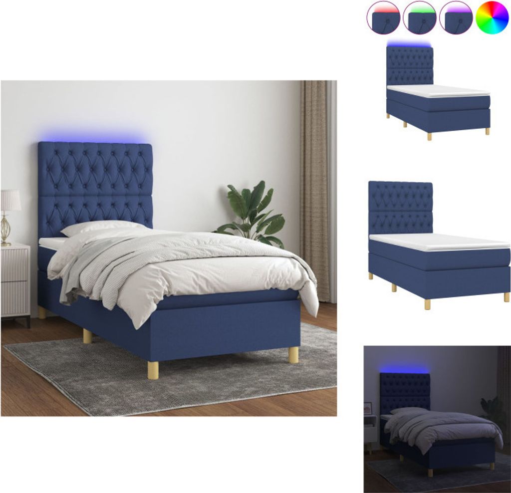 vidaXL Boxspringbett mit Matratze & LED Blau 90x200 cm Stoff - Betten & Bettgestelle