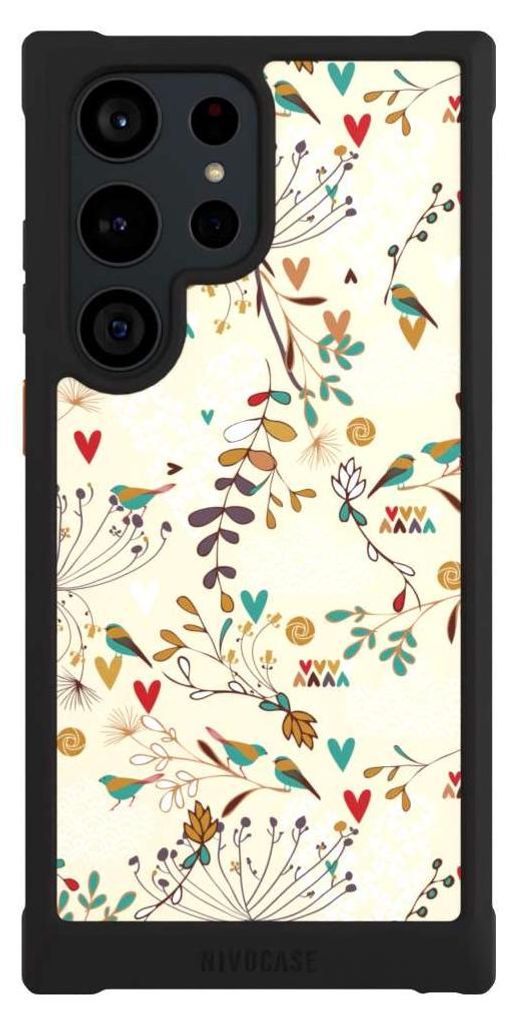 NIVOCASE Hülle für Samsung Galaxy S23 Ultra Stoßfeste Handyhülle NIVOmax Case Schwarz Blumen Retro Vogel