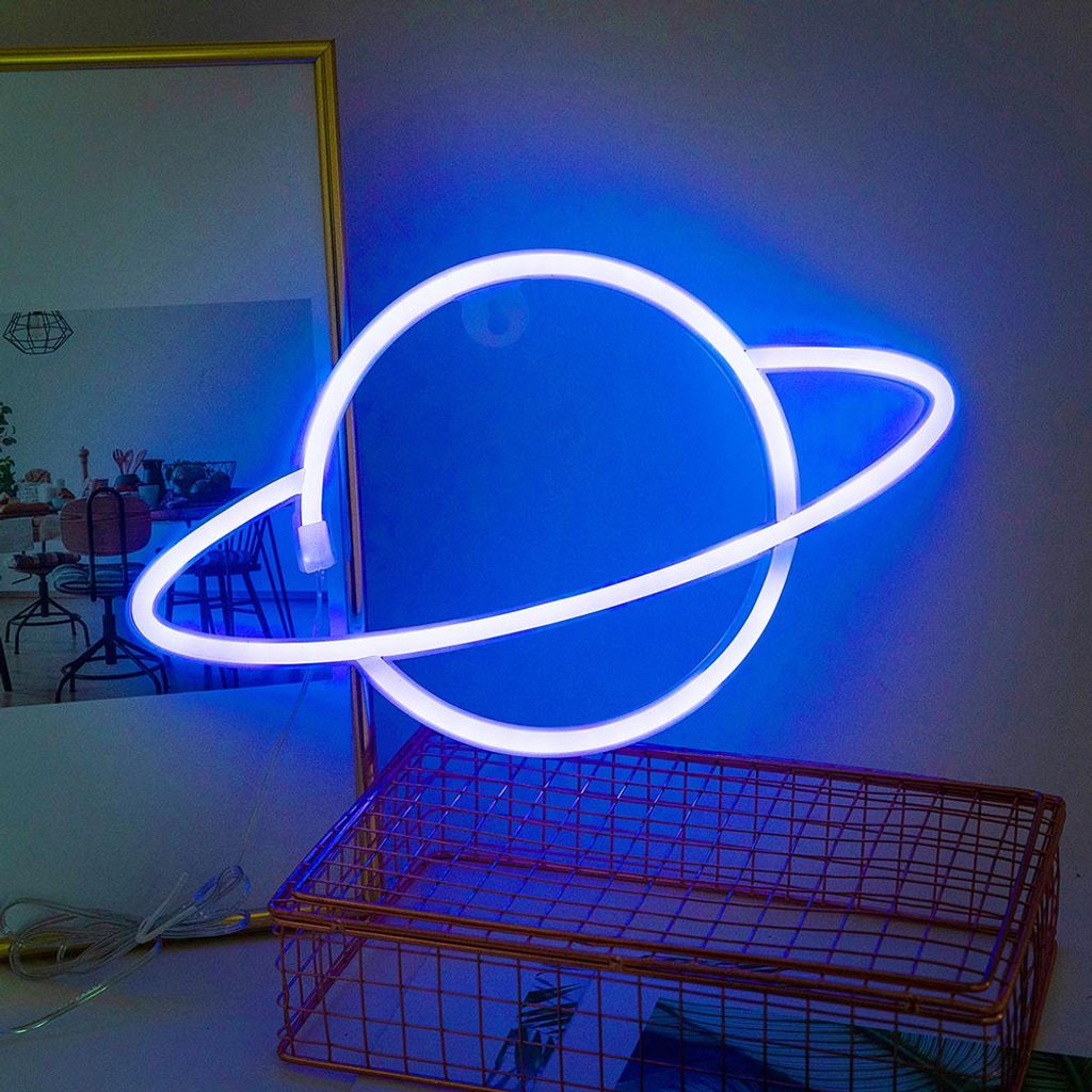 LED Neon Schild Planet Blau 30x18cm - Wanddeko Nachtlicht für Kinderzimmer & Gaming Room - Batteriebetrieben