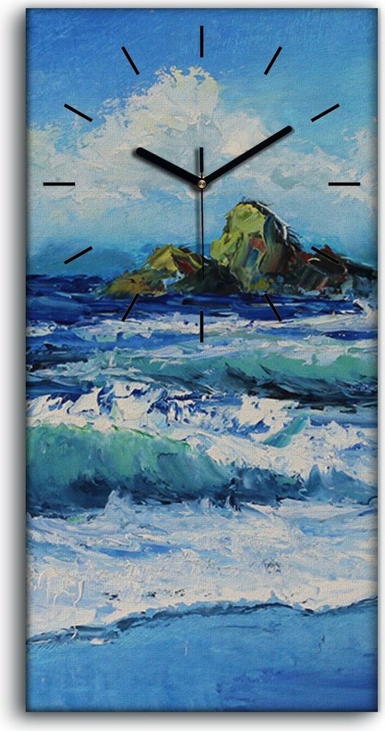 Wohnzimmer-Bild Leinwand Uhr Geräuschlos 30x60 Ölgemälde Ozean Meer Wellen Küste - schwarze Hände