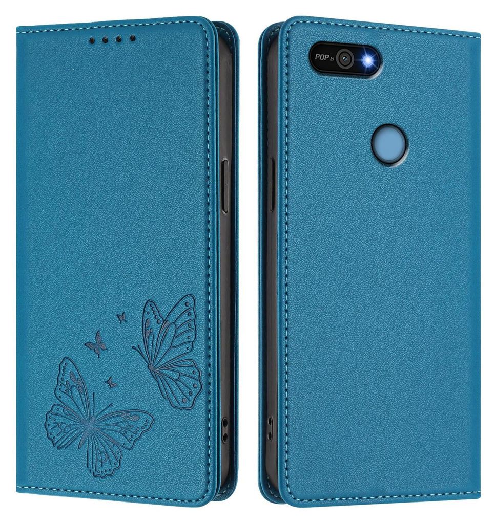 Lederhülle für Tecno Pop 2/Pop 2 Pro/Pop 2 F, Schmetterling Prägung Leder Brieftasche Schutzhülle mit Ständer Blau