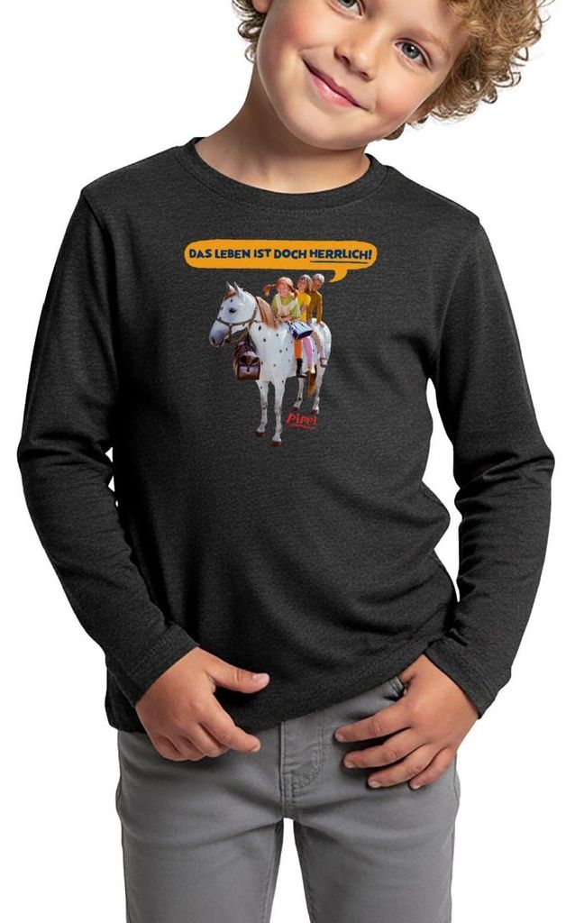 Spreadshirt Pippi Langstrumpf Pippi Mit Tommy Und Annika Kinder Premium Langarmshirt, 110/116 (4 Jahre), Anthrazit meliert