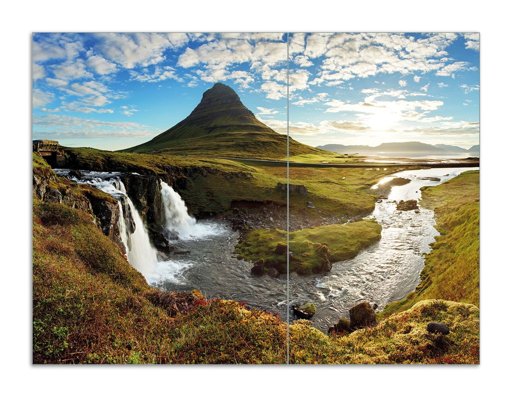 Wallario Herdabdeckplatte aus Glas, Größe 70 x 52 cm 2-teilig, Motiv Island Panorama Fluss Berge und blauer Himmel