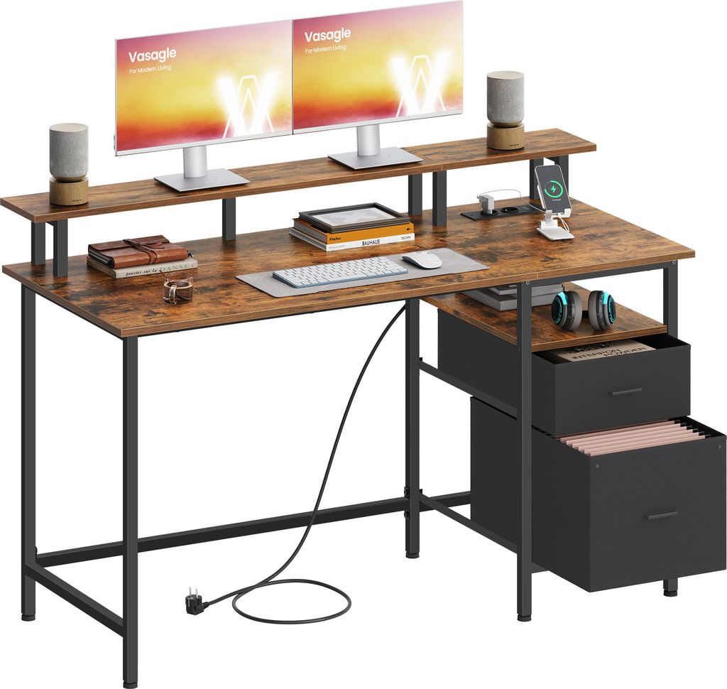 VASAGLE Schreibtisch mit Stoff-Schubladen, Computertisch mit Monitorständer, Bürotisch, 2 AC-Steckdosen, 2 USB-A-Anschlüsse, für Homeoffice, 14...