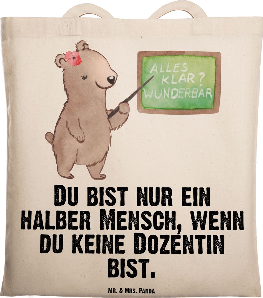 Mr. & Mrs. Panda Tote Bag Dozentin Herz - Transparent - Geschenk, Shopping Tasche, Uni, Unterricht, Schultasche, Universität, Unitasche, Vorlesung...