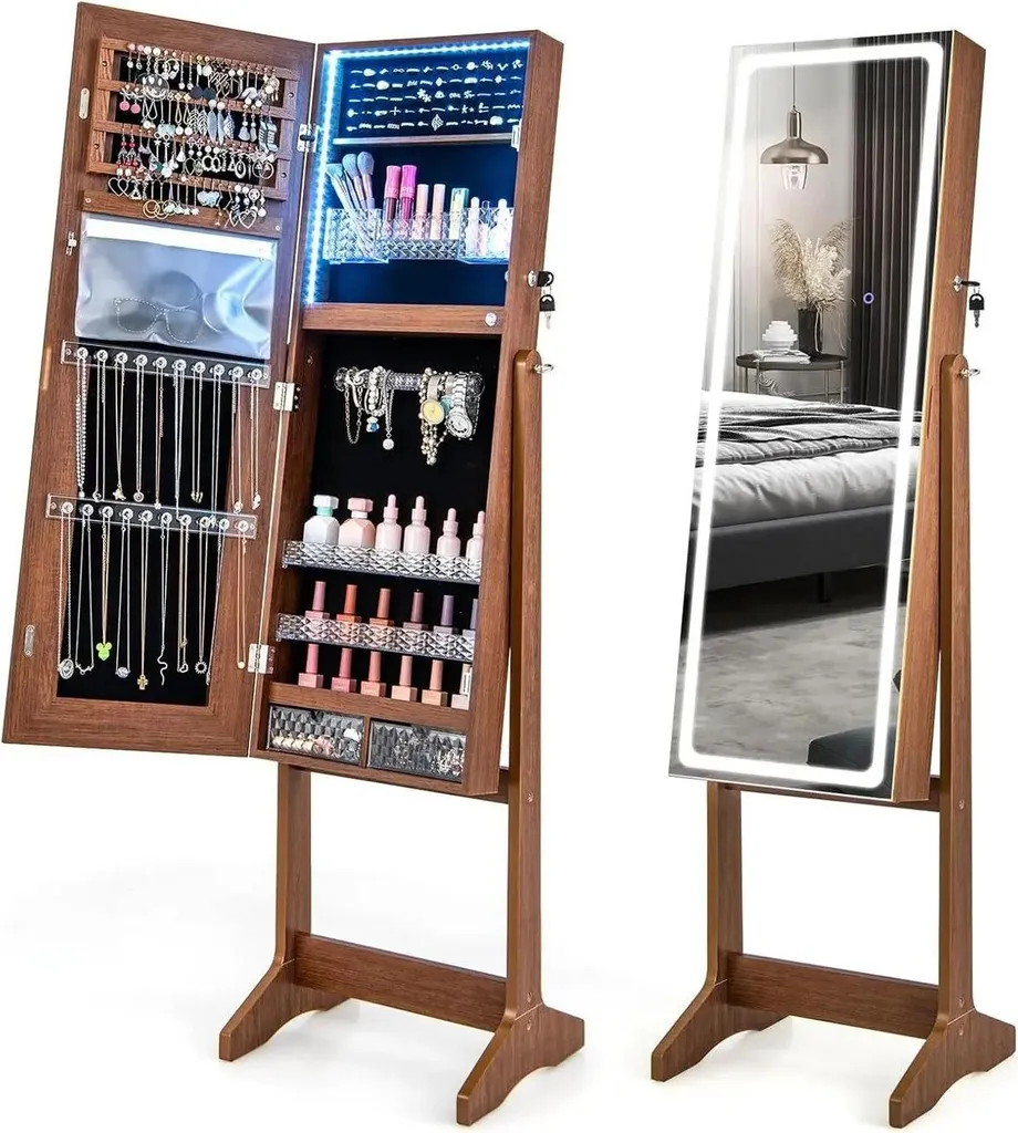 Armoire à bijoux miroir LED : fini les bijoux emmêlés avec ce meuble bois