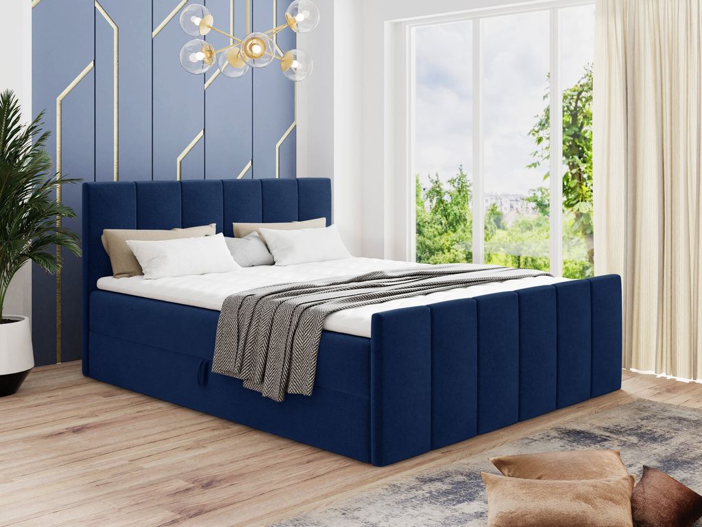 Boxspringbett Star Lux mit Fußteil, 2 Bettkästen und Matratzentopper - Doppelbett mit Topper, Bonell-Matratze, Polsterbett, Bett (Dunkelblau (Kro...