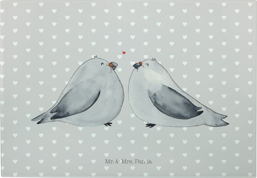 Mr. & Mrs. Panda Schneidebrett Turteltauben Liebe - Grau Pastell - Geschenk, Glas Schneideplatte, Hackbrett, Tauben, Partner, Freundin, Servierplat...