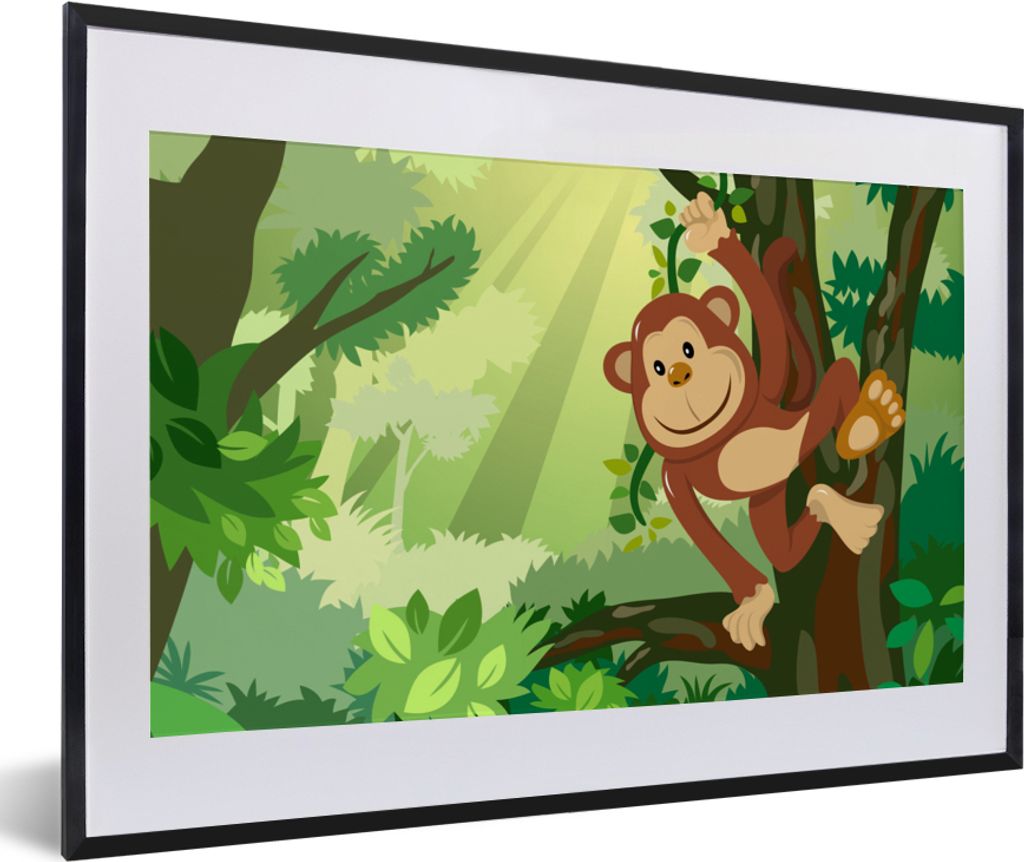 MuchoWow Gerahmtes Poster Affe - Dschungel - Jungen - Mädchen - Blumen - Kinder 60x40 cm - Poster mit Schwarzem Bilderrahmen Wandposter Rahmen F...