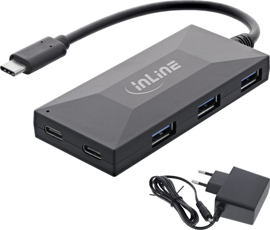 InLine USB 3.2 Gen 1 OTG Hub, USB Typ-C zu 3 Port Typ-A und 2 Port Typ-C, mit 3A Netzteil, schwarz