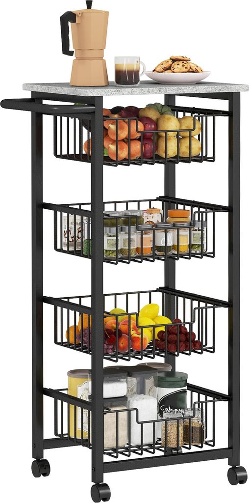 4-stufige Kš¹chenwagen auf R?dern. Rollbarer Servierwagen. Kš¹chen-Trolley mit 4 Stahlk?rben. Servierwagen