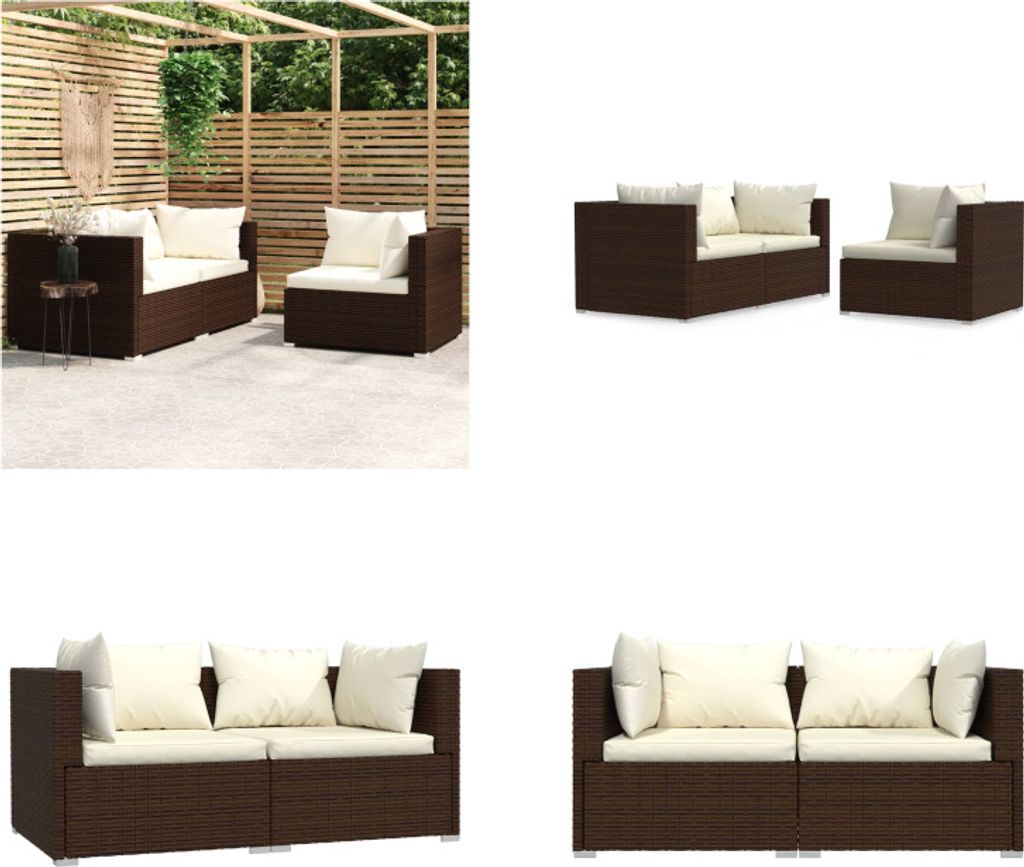 vidaXL 3 tlg. Garten Lounge Set mit Auflagen Braun Poly Rattan - Garten-Lounge-Set - Garten-Lounge-Sets - Sofa-Set - Terrassen-Lounge-Set