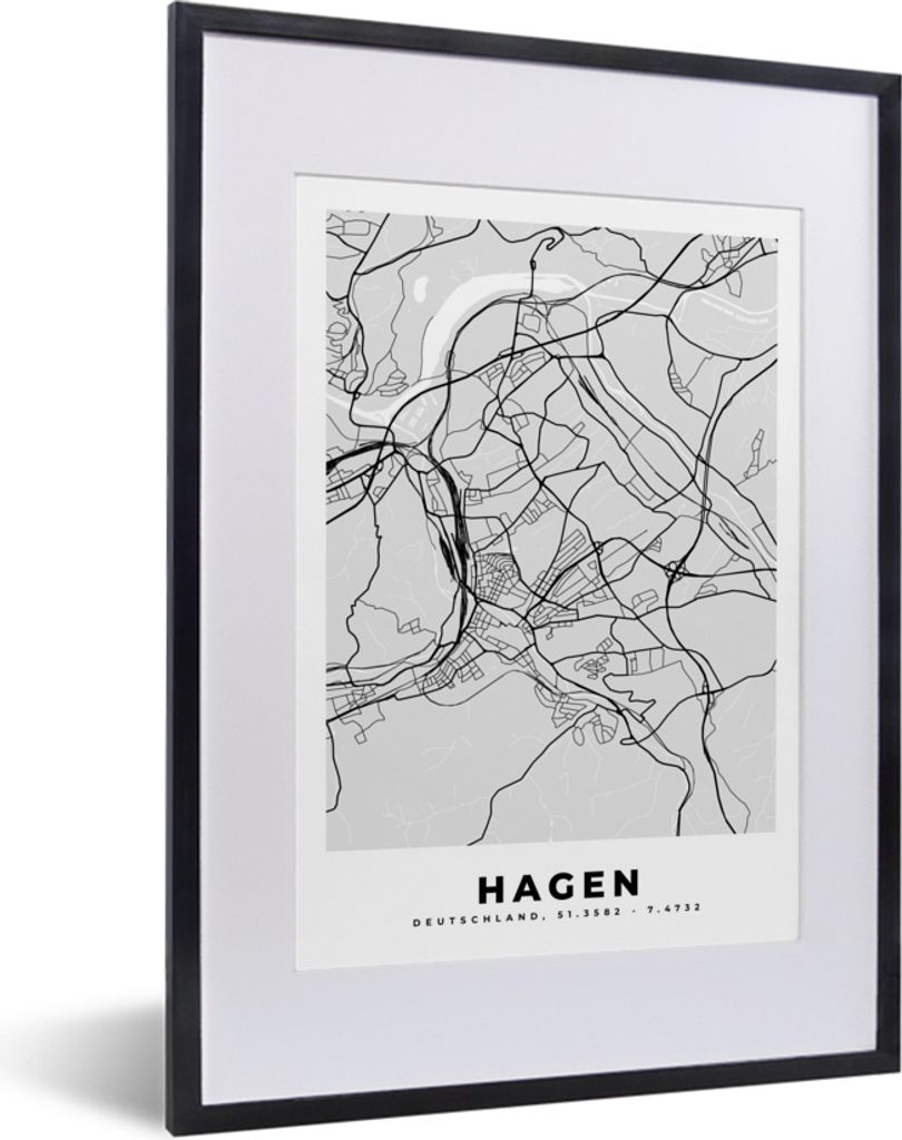 MuchoWow Gerahmtes Poster Deutschland - Stadtplan - Hagen - Karte 30x40 cm - Poster mit Schwarzem Bilderrahmen Wandposter Rahmen Foto Bilder - Wa...