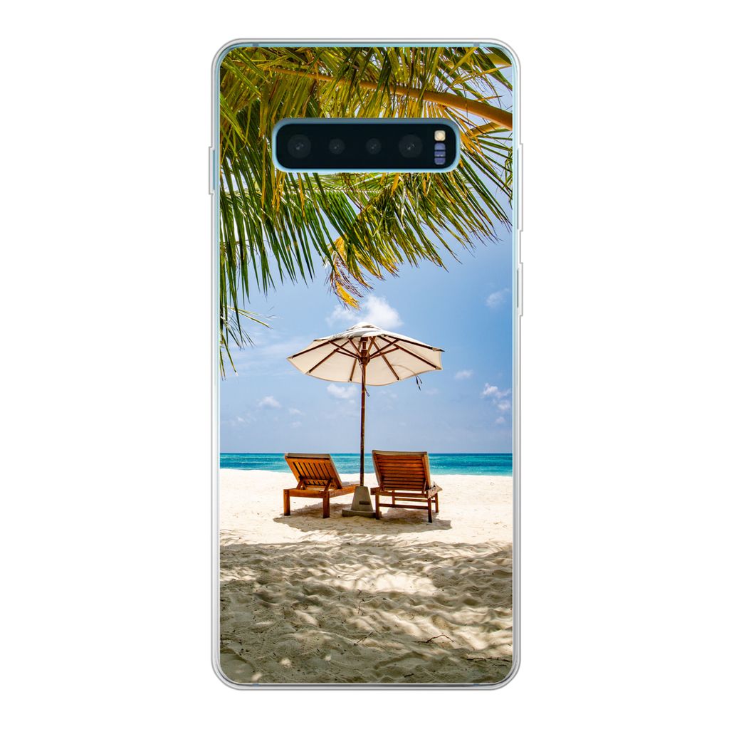 MuchoWow Handyhülle Schutzhülle Hülle für Samsung Galaxy S10 Plus Strand - Strandkorb - Sonnenschirm Silikon Softcase Handy Hülle - Schutzh...