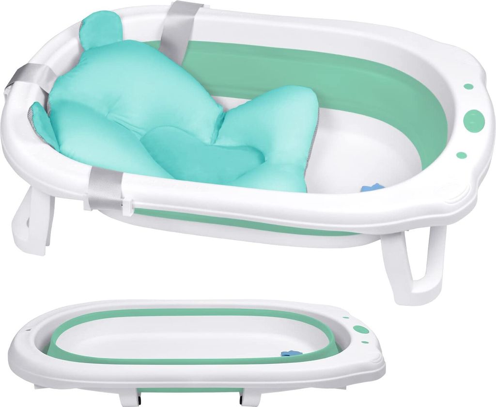 Babybadewanne 82x50cm Faltbar Baby Bath Wanne Grün PP+PTE Babywanne mit Rutschfeste Fußpolster Badewanne Für Babys Kinder (mit Sitzkissen) CEEDIR