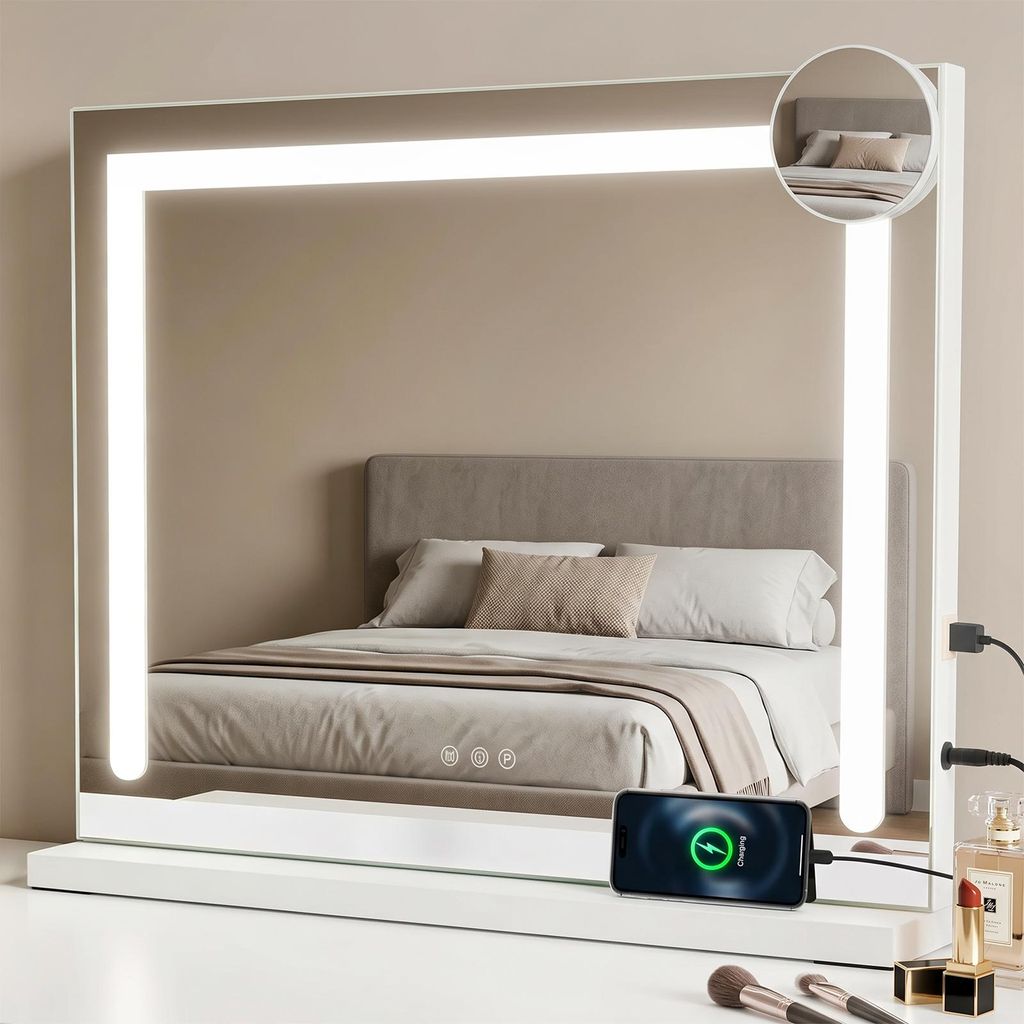 ZMH Schminkspiegel Beleuchtung 58 x 46 cm Schminktisch Spiegel licht Touch Dimmbare LED 3 Farblichtmodi 5 Facher Vergrößerung Spiegel für Schlaf...