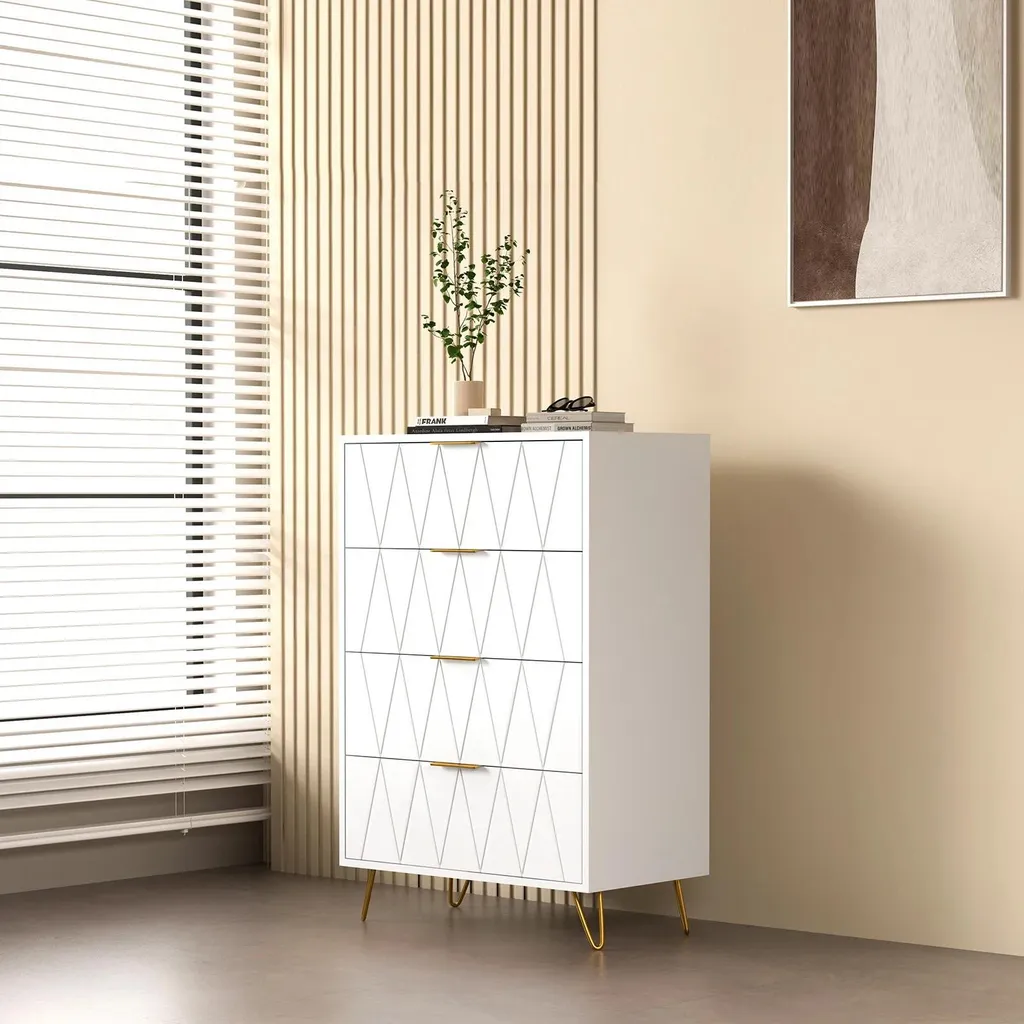 Commode de Rangement Gain de Place 4 Tiroirs Blanche en Bois Moderne