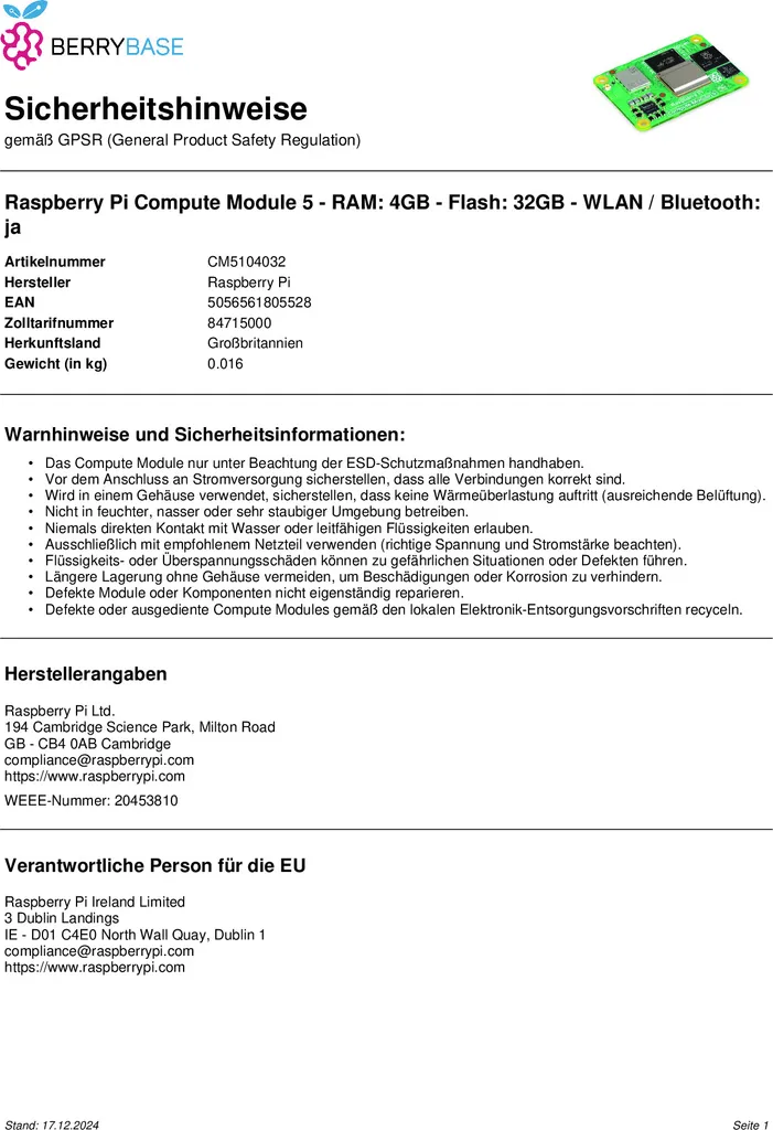 Module Calcul Raspberry Pi 5 4Go eMMC Carte Embarquée IO WiFi Bluetooth