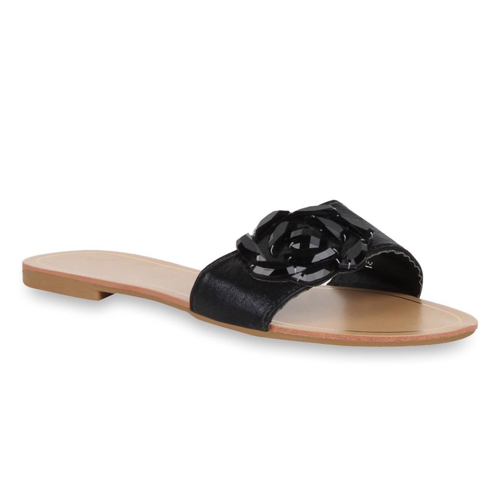 Mytrendshoe Damen Sandalen Metallic Schlappen Beach Schuhe Flats 72088, Farbe: Schwarz, Größe: 39