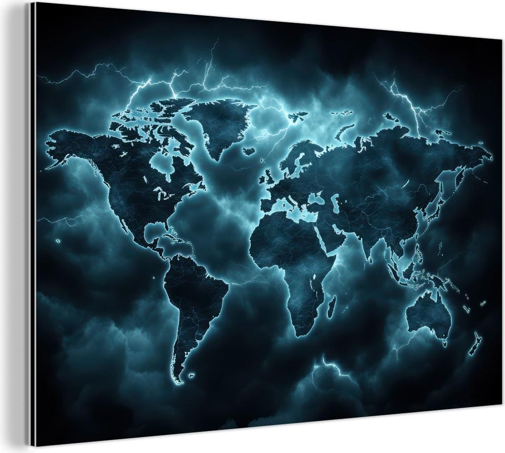 MuchoWow Wanddekoration Metall Metallbild Wandkunst 120x80 cm Weltkarte - Blitz - Blau MuchoWow Aluminium Gemälde - Alu Bild