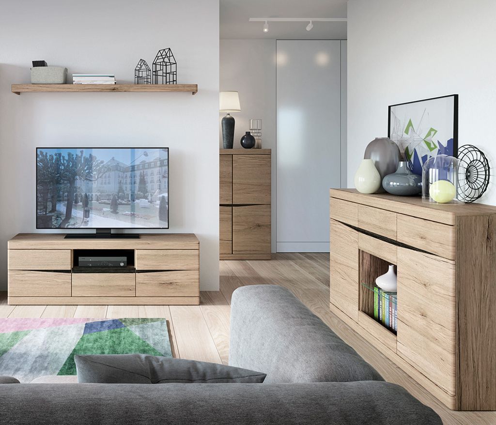 Wohnzimmer Set Lowboard, Wandboard, Sideboard, Highboard mit Beleuchtung SANFORD-129 in Eiche hell Nb.