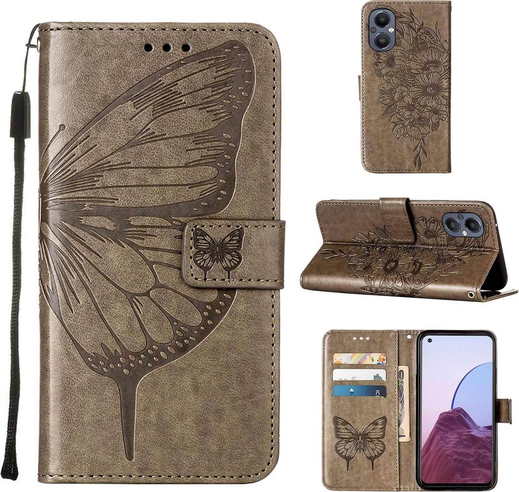 OnePlus Nord 20 5G Hülle, Schmetterling Prägung Flip Leder Kartenfächer Schutzhülle Ledertasche mit Ständer für OnePlus Nord 20 5G Grau