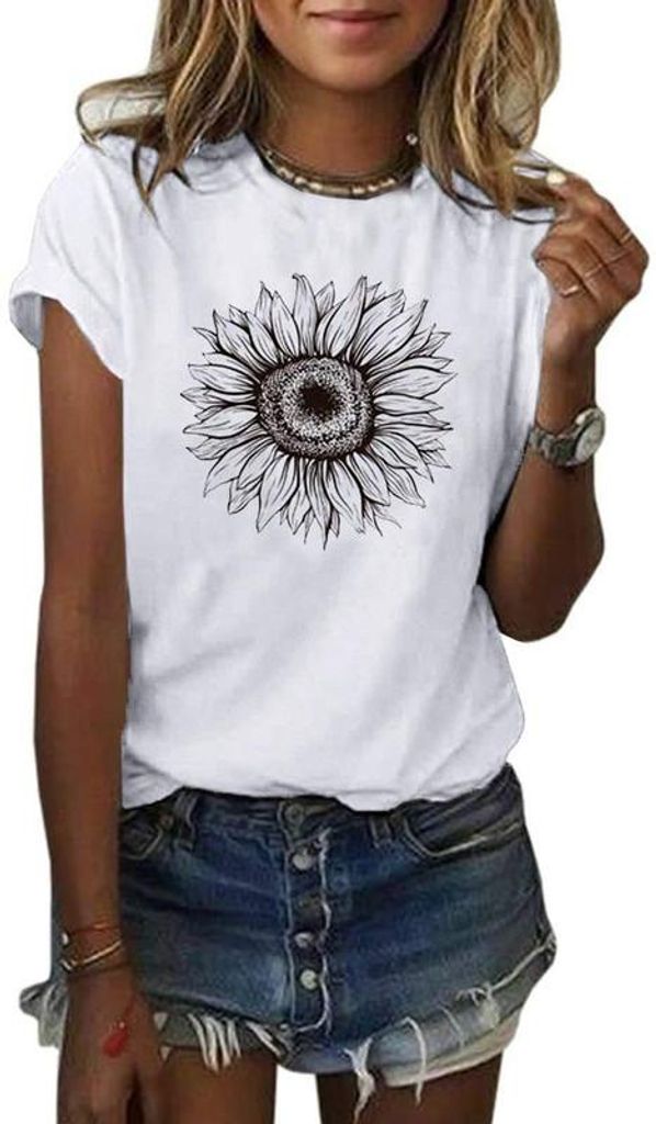 Damen-T-Shirts, Kurzarm-Shirts mit Sonnenblumenmotiv, lockere Sommertops,Größe:L