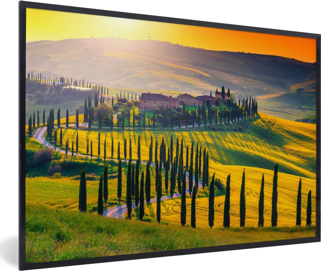MuchoWow Gerahmtes Poster Gras - Sonne - Hügel - Landschaft 90x60 cm - Poster mit Schwarzem Bilderrahmen Wandposter Rahmen Foto Bilder - Fotorah...