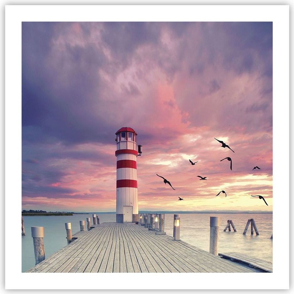 Poster - Poster ohne Rahmen - Laterne Meer Küste - 60x60 cm - Wand Bild - Wanddeko - Wandbilder - Kunstposter - Wandposter - Bilder - Kunstdruck -...