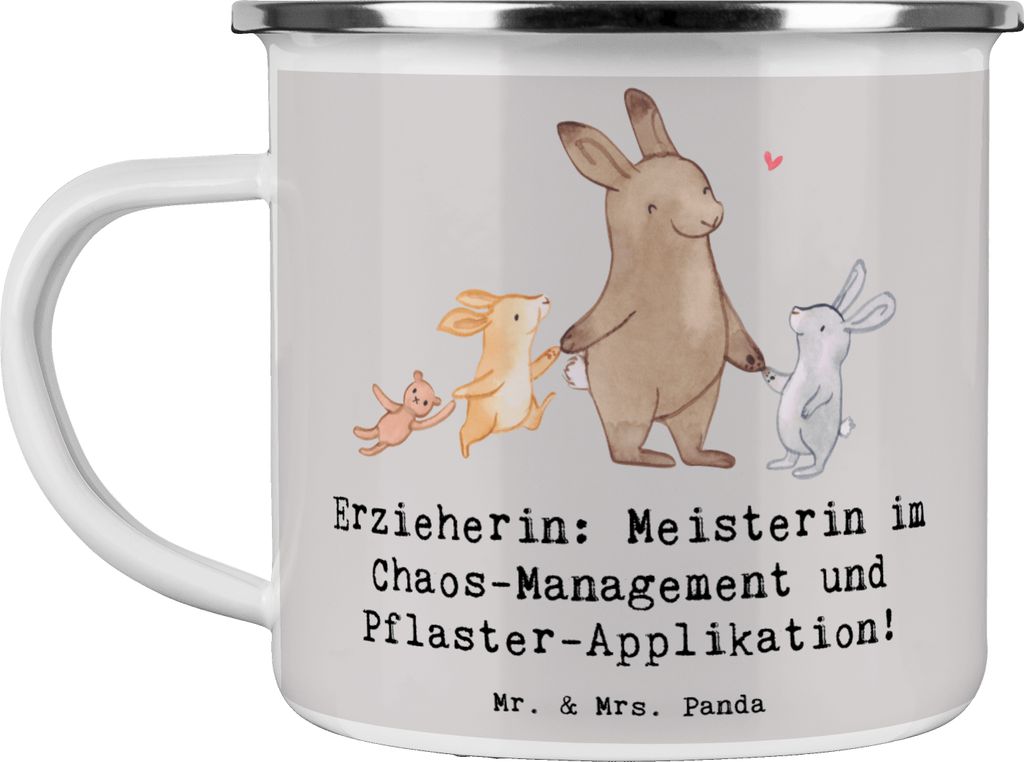 Mr. & Mrs. Panda Campingtasse Erzieherin Chaos-Management - Grau Pastell - Geschenk, Schützlinge, Berufsprodukte, Kita, Bildung, Teetasse, Liebe, ...