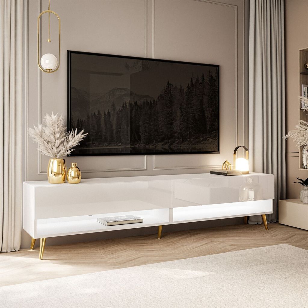 RTV Schrank CALANTE 180 cm auf Beinen mit LED-Beleuchtung Weiß / Weiß hochglanz schräge gold Chrom Beine