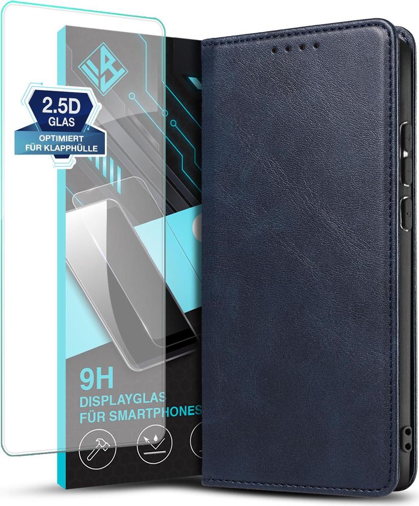 A product shot of a blue leather flip phone case and a screen protector.