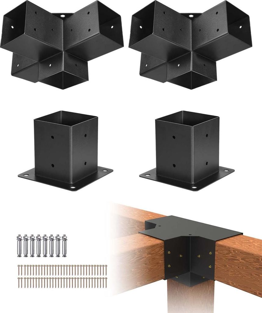 Pfostenverbinder - 4-Wege Eckhalterung - Für 92 x 92 mm Pfosten - Hochbelastbar - Pfostenträger für Pergola & Pavillon - 4er-Set