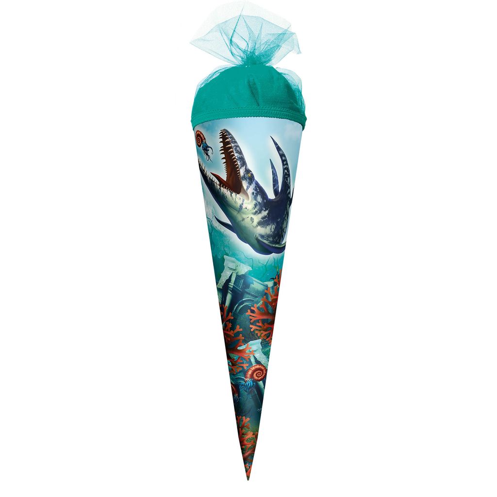 ROTH Geschenk-Schultüte klein Dino Mosasaurus 35 cm rund Tüllverschluss Zuckertüte Schulanfang