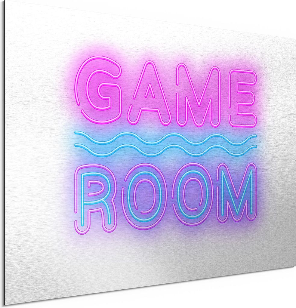 DEQORI Alu-Dibond Bild Silber 60x40 cm 'Neon Game Room' Wandbild Metall dünn Design
