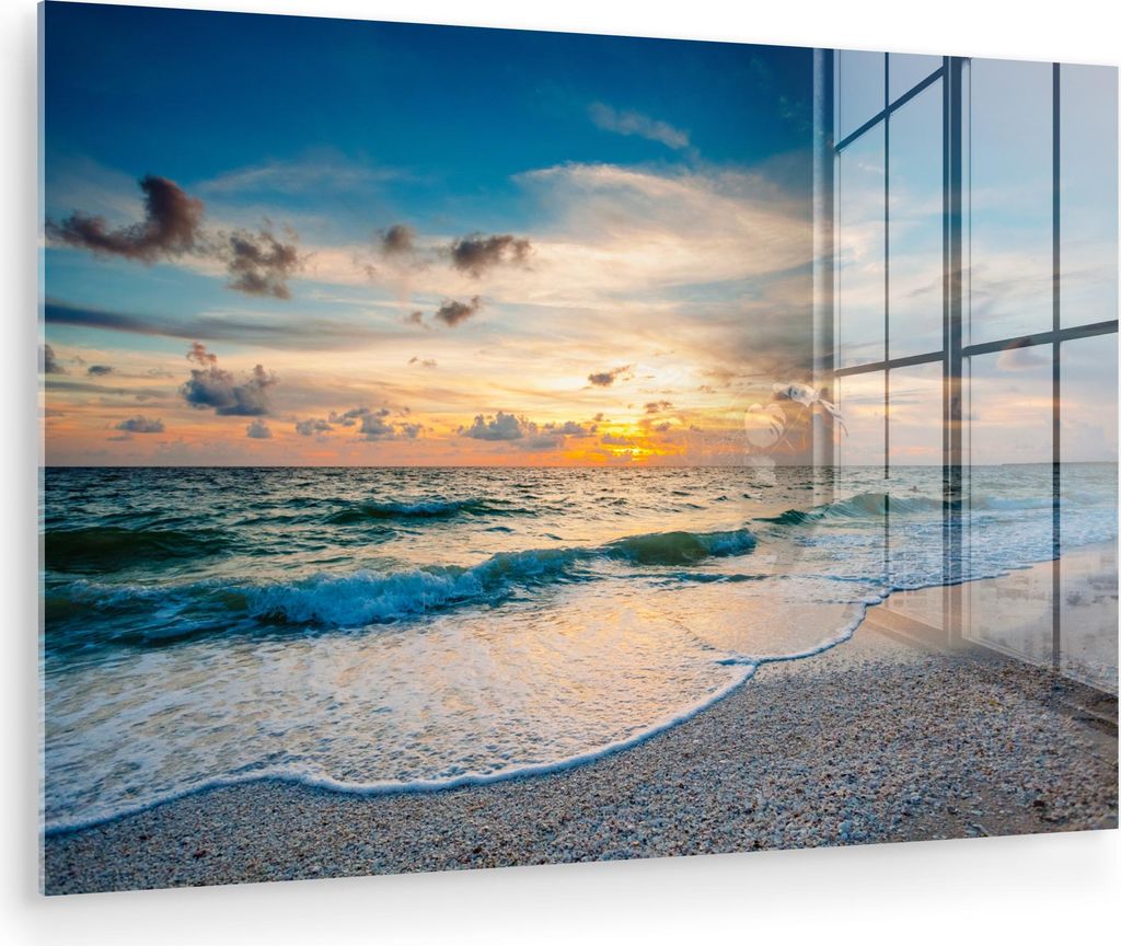 MuchoWow Glasbilder - Bilder auf Wandbild - Foto auf Glas Strand - Meer - Sonnenuntergang 60x40 cm Wanddekoration aus Glas - Acrylglasbild - Acrylb...