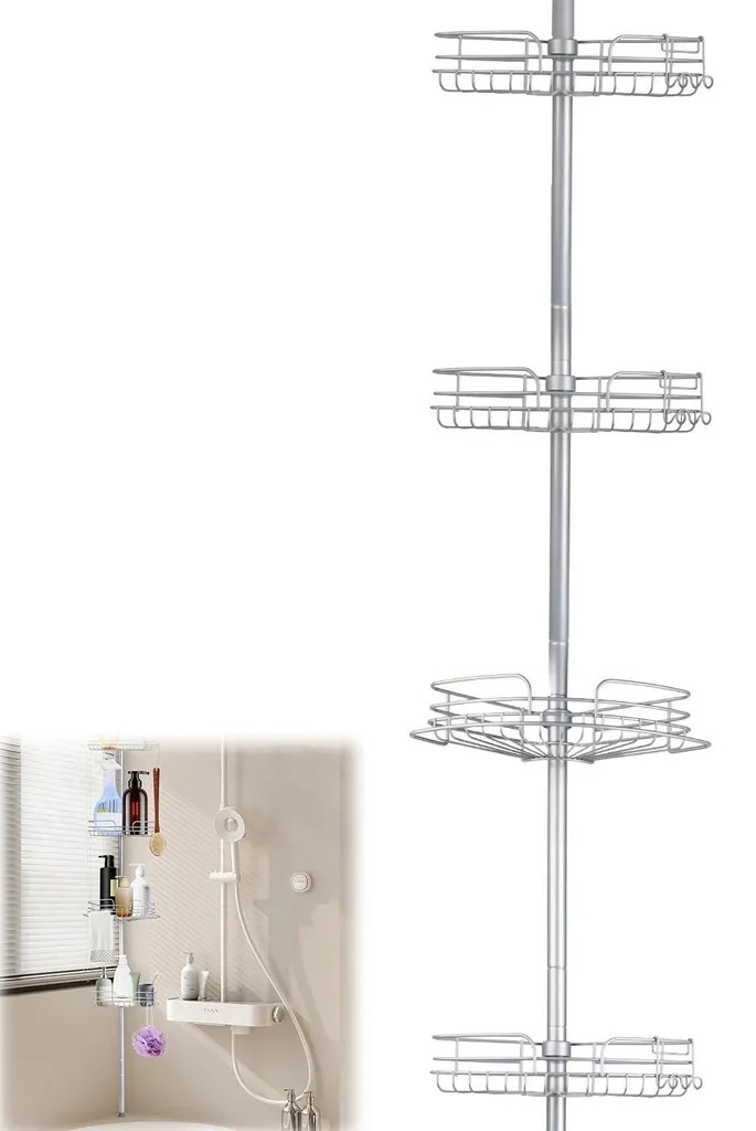 Serviteur de douche télescopique argenté avec 4 tablettes stables - 2