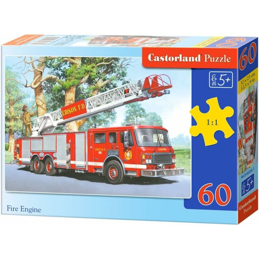 A product box for a Castorland puzzle featuring a fire engine.