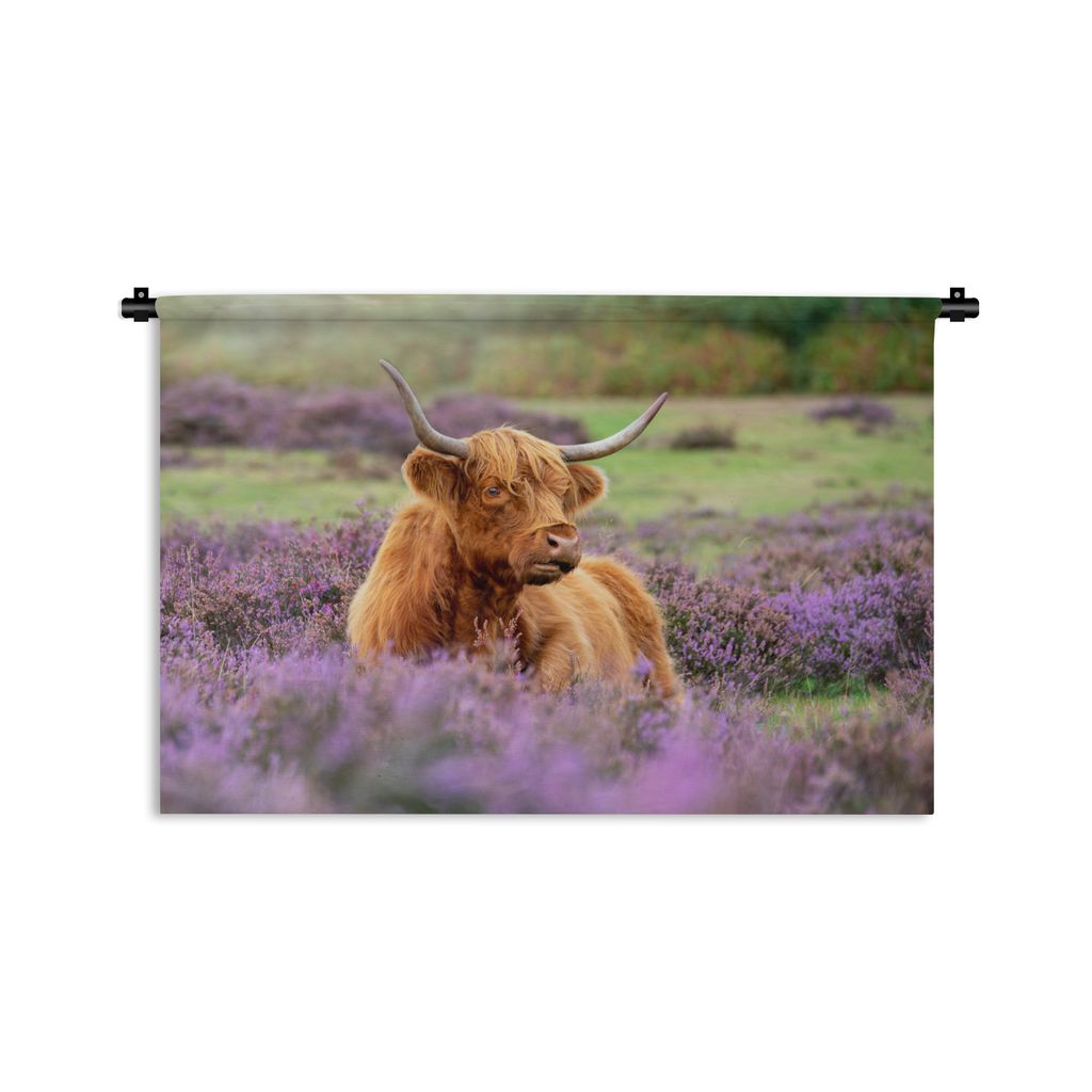 MuchoWow Wandteppich Wandbehang Schottisches Hochlandrind - Blumen - Licht 90x60 cm Tapisserie Dekoration Wandtuch - Wandskulpturen - Bildteppich