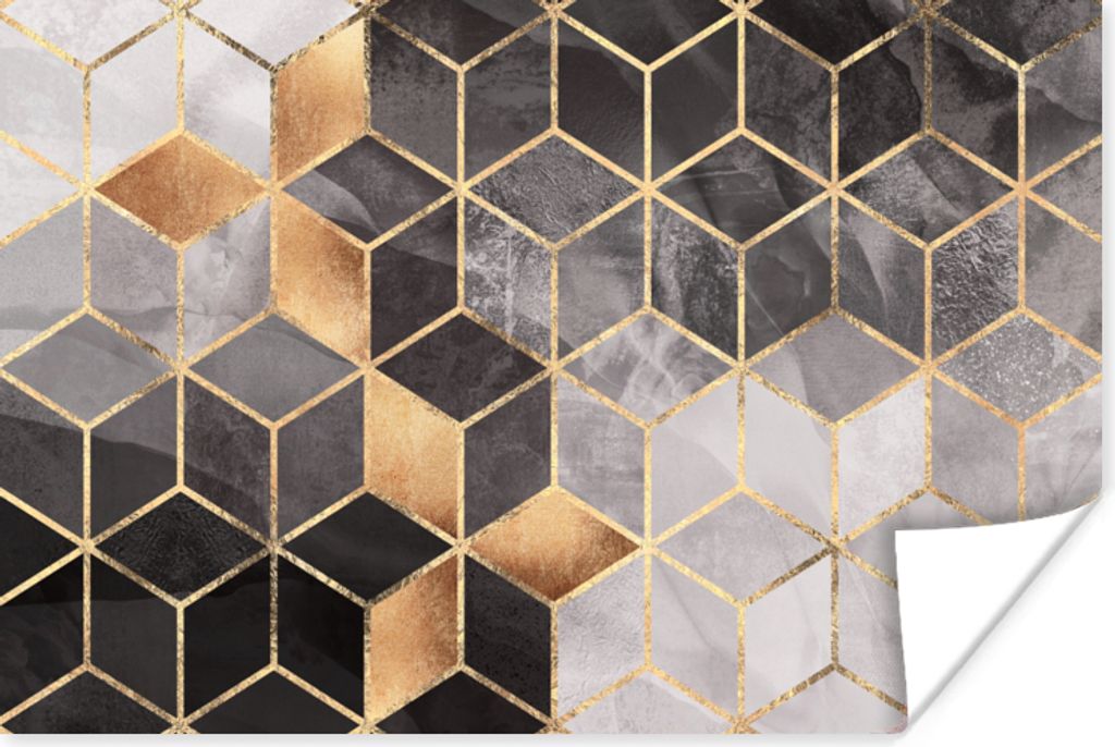 MuchoWow Poster Abstrakt - Würfel - Gold - Muster - Schwarz - Weiß 90x60 cm - Schlafzimmer