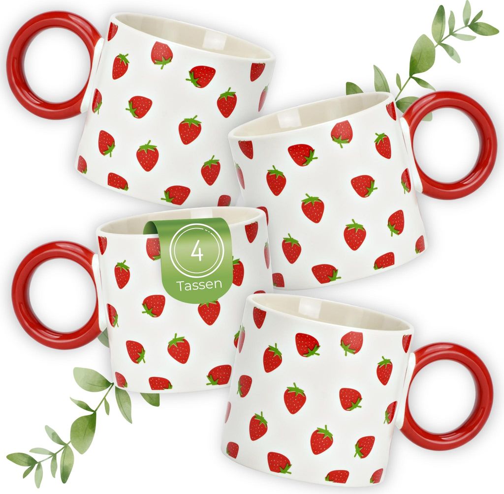 Kaffeetassen Erdbeer Dekor, 4er Set Kaffeetasse Weiß Gelb