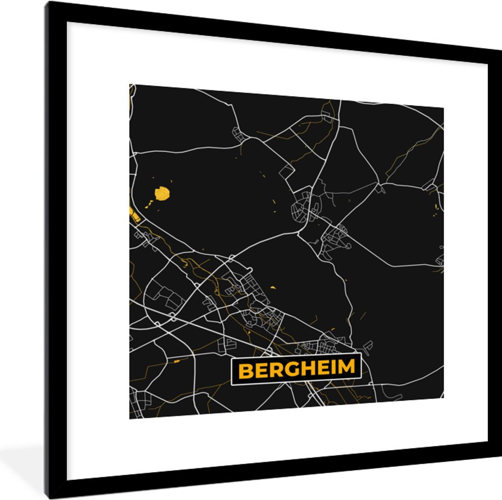 MuchoWow Gerahmtes Poster Deutschland - Schwarz und Gold - Bergheim - Stadtplan - Karte 40x40 cm - Poster mit Schwarzem Bilderrahmen Wandposter R...