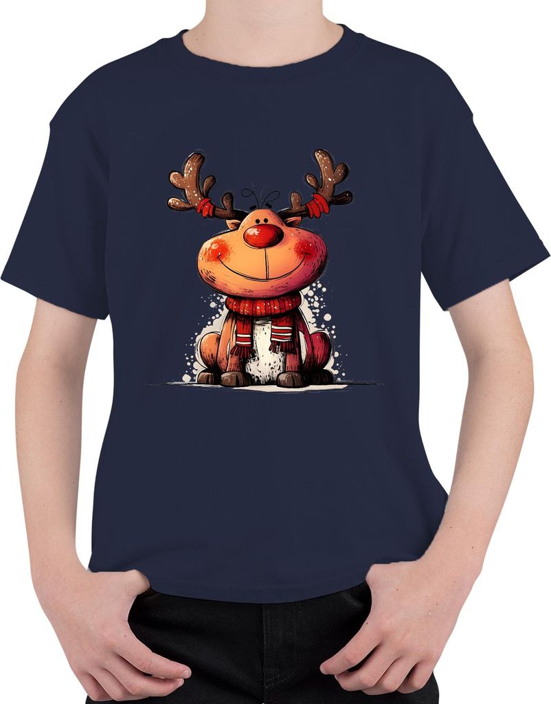 Weihnachten Niedliches Rentier Rudolph Schal Geschenk Kinder Uni Kinder T-Shirt, Navy, 152
