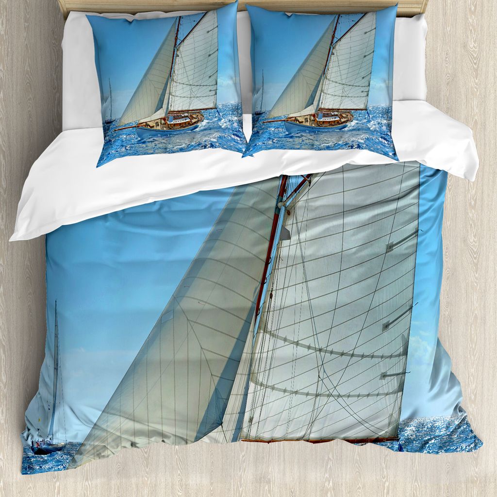 ABAKUHAUS Nautisch Bettbezug, Segelboot-Regatta-Rennen, Milbensicher Allergiker geeignet mit Kissenbezügen, 155 cm x 220 cm - 80 x 80 cm, Blau, We...